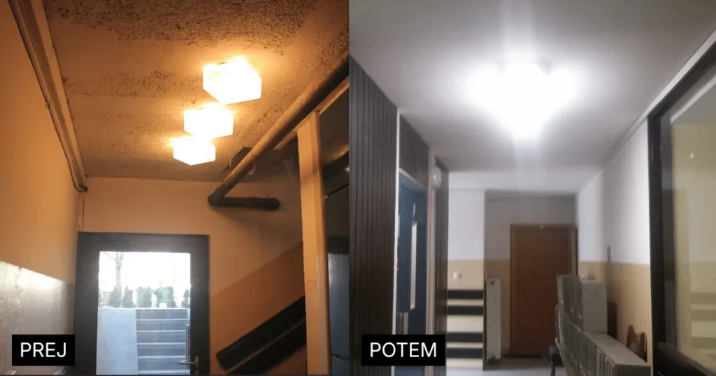 Primerjava osvetlitve stopnišča v večstanovanjski stavbi pred in po prenovi razsvetljave z LED tehnologijo. zamenjava stopniščne razsvetljave